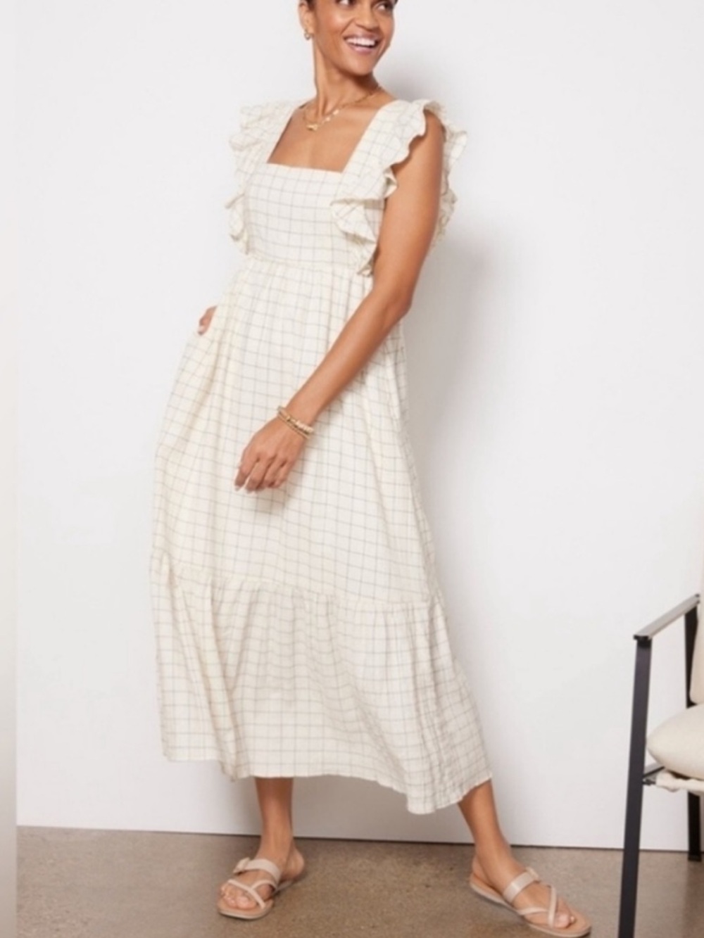 Evereve Mae Windowpane Smocked Plaid Ruffle Sleeve Midi Women's Dress Small